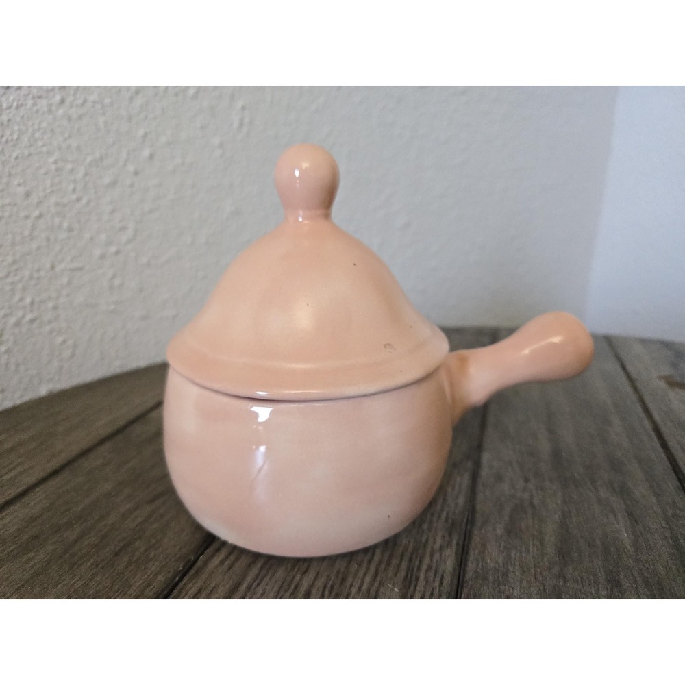 Vintage Hand Thrown Studio Pottery Peach Ceramic Soup Bowl W/Handle & Lid MCM